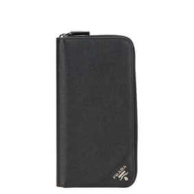 Prada Triangle Logo Plate Long Wallet in Black Saffiano Leather for Women