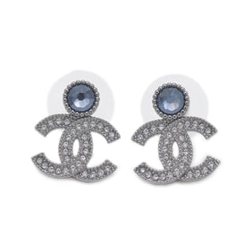 Chanel Coco Mark Earrings with Rhinestones, Silver Metallic, B25
