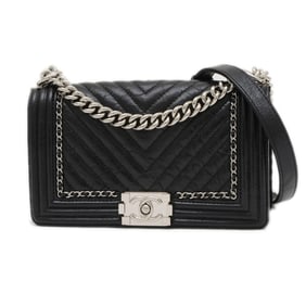 Chanel Boy Chain Shoulder Bag Around Leather Black