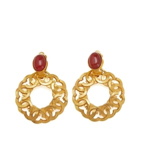 Vintage Chanel Coco Mark Round Circle Earrings, Gold and Red Plated, Women's
