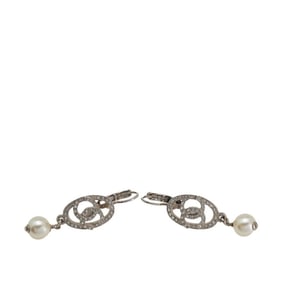 Chanel Coco Mark Earrings, Silver Metal, Rhinestones, Faux Pearls, Women's, CHANEL