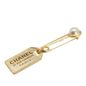 CHANEL Cambon Plate Safety Pin Motif Brooch, Gold Plated with Faux Pearls, Women's