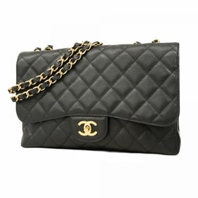 Chanel Shoulder Bag, Large Matelasse, Double Chain, Caviar Skin, Black, Women's