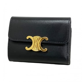 Celine Triomphe Leather Tri-fold Wallet Black Women's