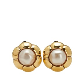 CHANEL Flower Motif Earrings, Gold Plated with Faux Pearls, Women's