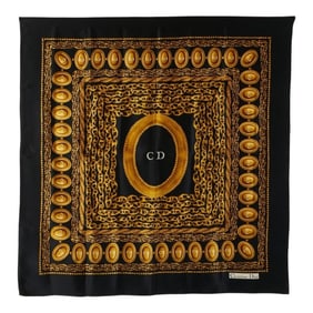 Christian Dior Dior CD logo chain motif scarf/muffler in black and gold silk for women.