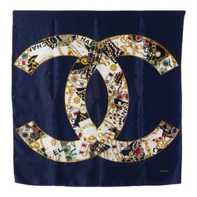 Chanel Coco Mark Jewel Motif Scarf Muffler in Navy, Gold, and Multicolor Silk for Women