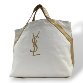 Yves Saint Laurent Tote Bag, White Canvas, YSL Logo Embroidery, A4 Size, Gold, Authenticated, Fast