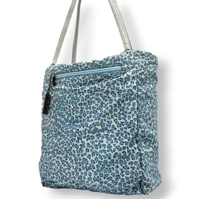 Bottega Veneta One-Shoulder Nylon Tote Bag with Leopard Print, Blue and White, Made in Italy,