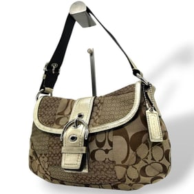 Coach handbag, patchwork signature hobo one-shoulder tote bag, brown, silver hardware, logo tag,
