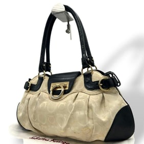 Salvatore Ferragamo Gancini Handbag, Beige and Black Canvas Leather One-Shoulder Tote Bag with Gold