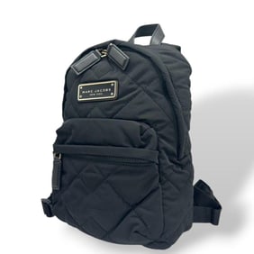 Marc Jacobs backpack, black quilted nylon, MARC s68, gold hardware, logo plate, brand logo, black,