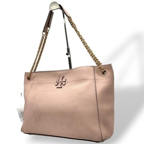 Tory Burch Large Logo 2-Way Leather Tote Bag in Pink, One-Shoulder Handbag/Shoulder with Gold