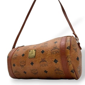 MCM Brown Visetos Mini Boston Shoulder Bag, Leather with Gold Hardware and Logo Plate, K4503