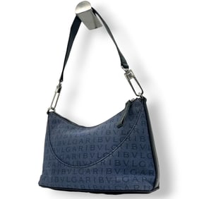 BVLGARI Logomania Handbag Shoulder Bag Accessory Pouch One-Shoulder Canvas Leather Navy Black