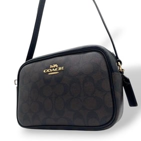 Coach Signature Shoulder Bag, Brown Leather Camera Bag with Logo Tag and Gold Hardware, Logo, COACH