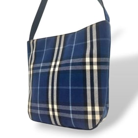 Burberry Check Canvas Shoulder Bag in Blue and Navy with Horse Logo, One-Shoulder Tote Bag, Handbag,