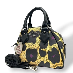 Vivienne Westwood Anglomania Tote Bag, 2-Way Handbag, Shoulder Black, Leopard Print, Yellow, with