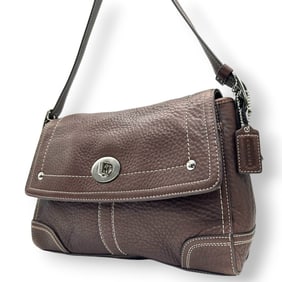 COACH Shoulder Bag F13957, Brown Grained Leather with Turn Lock and Flap Closure, White Stitching,