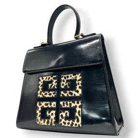 Givenchy GIVENCHY Vintage Handbag with 4G Logo, Leopard Print, Harako Leather, Black, Gold Hardware,