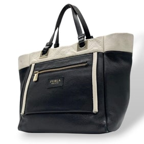FURLA u13 Tote Bag in Black Two-Tone Leather with Logo Plate and Gold Hardware White