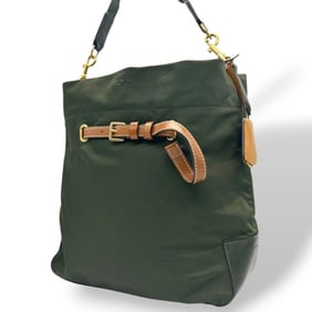 Tory Burch shoulder bag, green nylon, 2-way tote bag/handbag, gold hardware, charm, khaki, brown