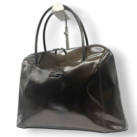 LONGCHAMP Rozo Handbag Tote Bag, Bamboo Toggle, Patent Leather, Enamel, Dark Brown, Made in France,
