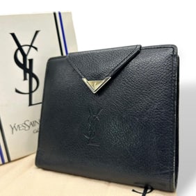 Yves Saint Laurent bifold wallet with YSL logo and V-stitching, compact in black leather, vintage