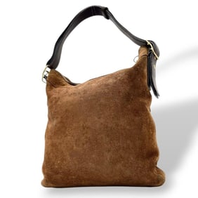 Coach 9324 Brown Tote Bag, One-Shoulder Hobo, Suede and Velour, Leather, Gold Hardware, Size 95