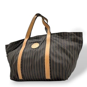 Fendi Pecan Striped Tote Bag in Brown Canvas and Leather.