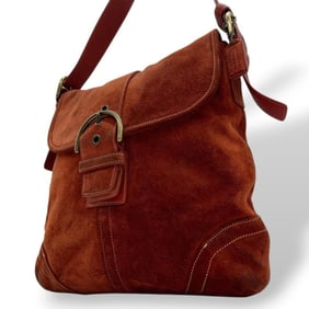Coach shoulder bag, red flap, suede leather, T4, and orange, gold hardware, logo tag, COACH G3S-9483