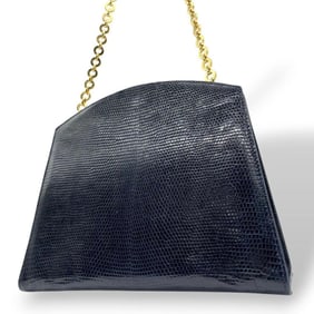 Salvatore Ferragamo Shoulder Bag, Chain, Embossed Leather, Navy Blue, A3 Size, Gold Hardware, AD21