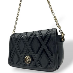 Tory Burch Fleming Shoulder Bag, Black Chain Leather Flap, Logo Plate, Gold Hardware, Clutch Handbag