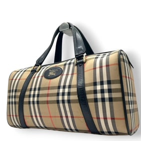 Burberry Vintage Mini Boston Bag, Nova Check, Shadow Horse, Horse Logo, Canvas, Leather, Beige,