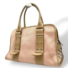 Burberry handbag, pink Nova check, Blue Label canvas, s51 tote bag, beige, silver hardware, studs,