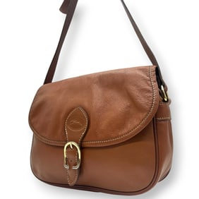 LONGCHAMP Women's Shoulder Bag, Crossbody, Flap, Grained Leather, Brown/Camel, Gold Hardware, Logo