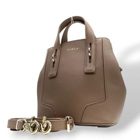 Furla 2-way leather handbag, shoulder bag, and tote bag in greige with gold hardware a logo plate.