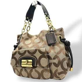 Coach tote bag/shoulder bag, 2-way, brown, Op Art, Y2K 002 vintage, canvas and leather, logo tag,