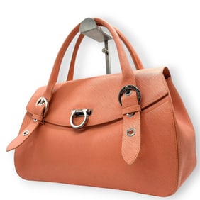 Salvatore Ferragamo Gancini Handbag AB-21 5322, Salmon Pink Leather with Silver Hardware and Flap