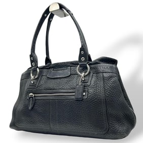 Coach handbag, tote bag, one-shoulder pebbled leather, black, silver hardware, women's size s50