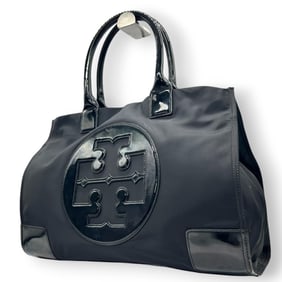 Tory Burch Ella Tote, one-shoulder tote bag in black nylon and patent leather with a large logo,