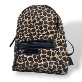 Longchamp backpack, black, all-over print, nylon, u15, pink, yellow, patent leather, logo plate.