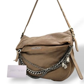 JIMMY CHOO Women's Brown Leather Shoulder Bag with Chain and Silver Hardware Logo Charm (Size 4)