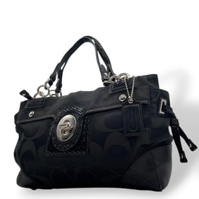 Coach Signature One-Shoulder Handbag in Black Leather and Canvas with Turnlock, Silver Hardware,