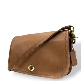 Coach Old Shoulder Bag Brown Flap Turnlock Leather Logo Tag Gold Hardware
