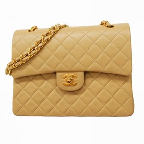 Chanel Matelasse Shoulder Bag with Double Flap and Chain, Lambskin, Beige, Women's