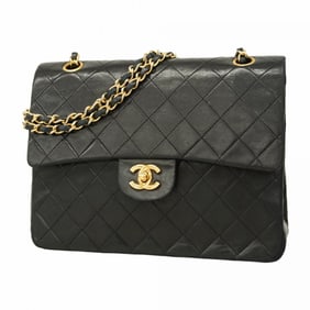 Chanel Matelasse Shoulder Bag with Double Flap and Chain, Lambskin, Black, Women's