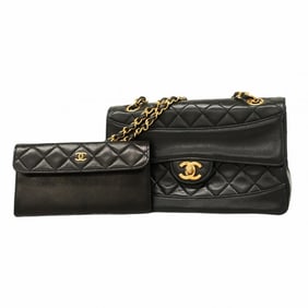 Chanel Matelasse Shoulder Bag with Double Flap and Chain, Lambskin, Black, Women's