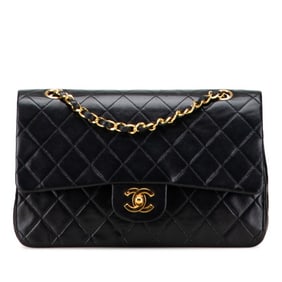 CHANEL Matelasse 25 Coco Mark Double Flap Chain Shoulder Bag Handbag Black Lambskin Women's