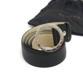 BVLGARI Belt 37890 Black Leather Round Buckle for Men and Women